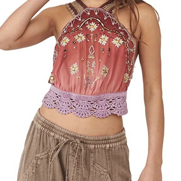 Free People Pink Ombre Rose  Sequined Embroidered Hi There Top - Picture 5 of 11
